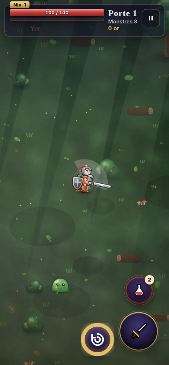 Le chevalier combat des slimes dans la Forêt de Brume